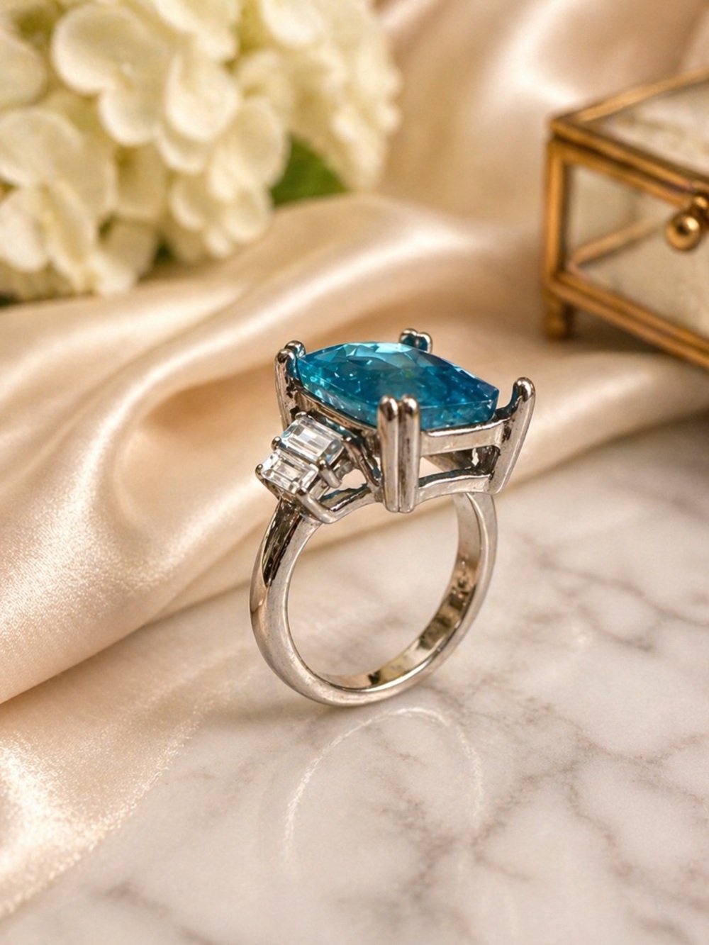 Blue Stone Cocktail Ring Baguette Side Stones Silver Tone Statement Ring